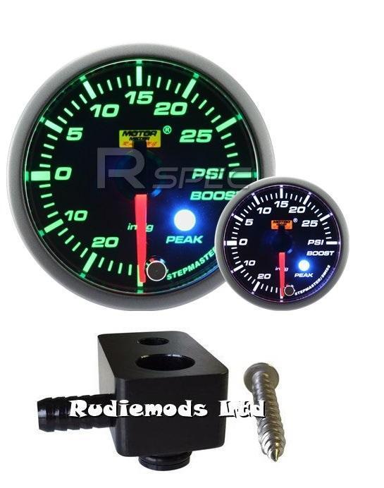 Ford Fiesta ST180 52mm Green White Boost gauge PSI and fitting adaptor