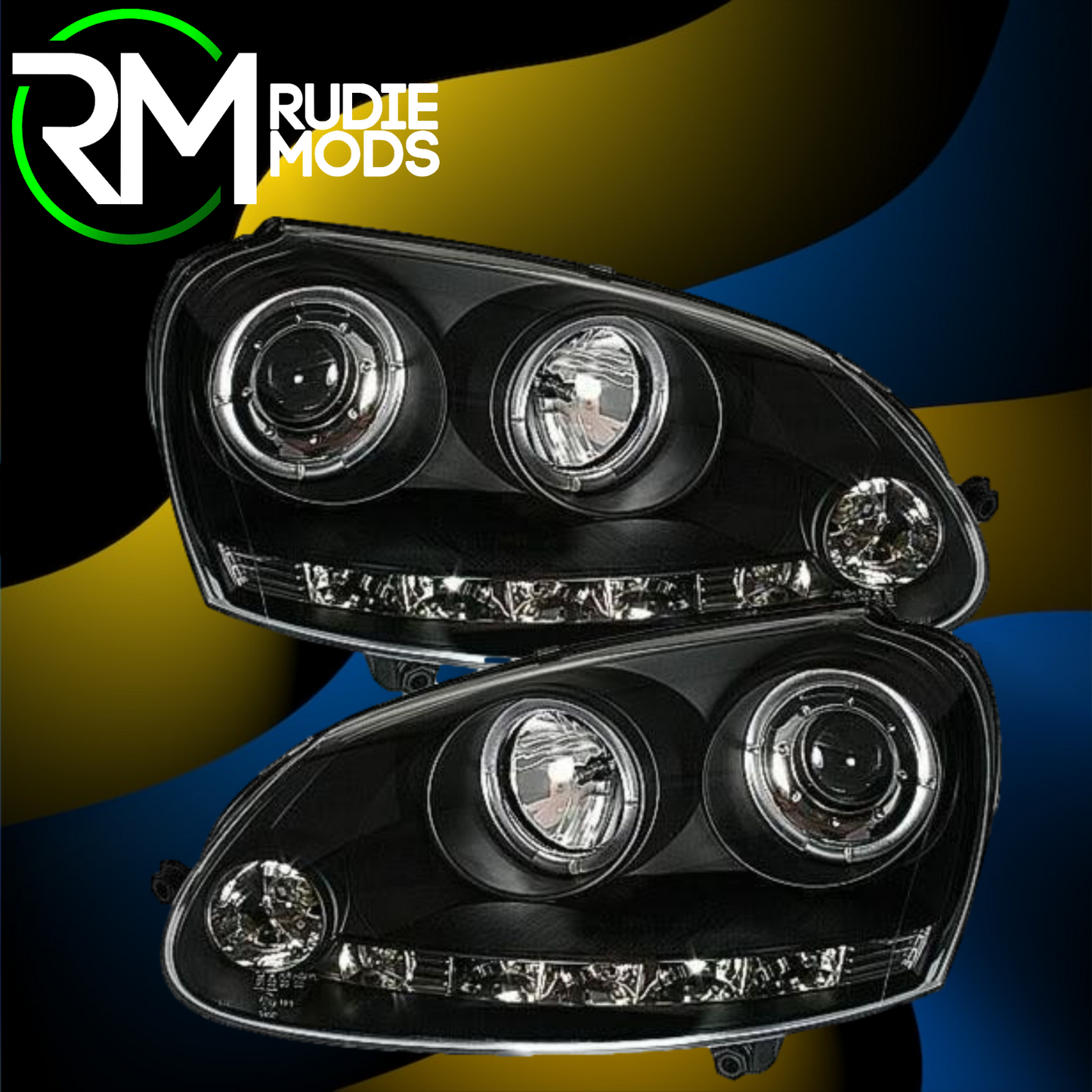 Black Angel Eye Headlights for VW Golf Mk5 with LED DRL R8 strip + H1 bulbs x2