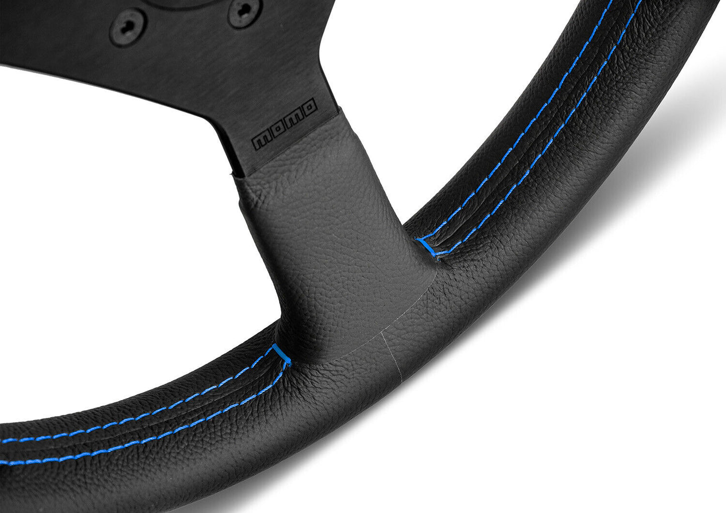 Momo Montecarlo Leather Steering Wheel 350mm Blue Stitching & Blue Horn Button