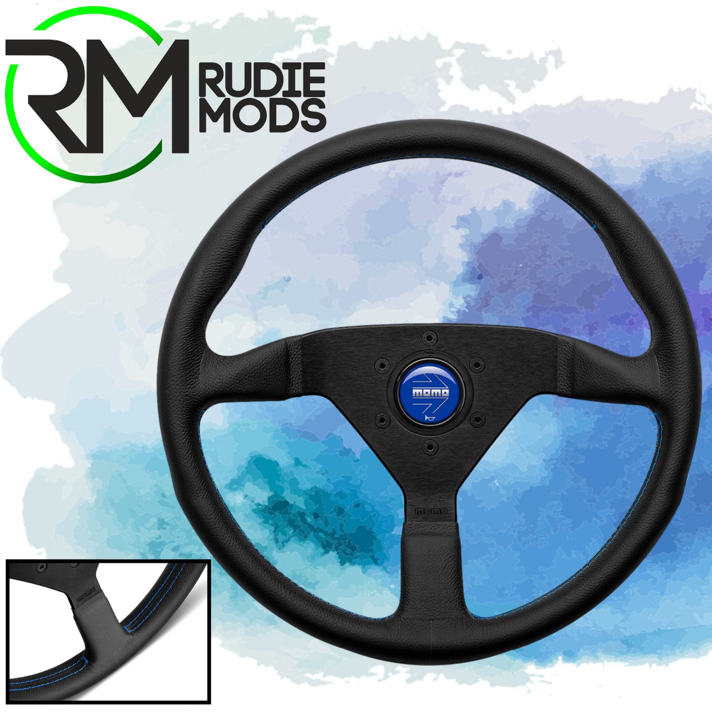 Momo Montecarlo Leather Steering Wheel 350mm Blue Stitching & Blue Horn Button