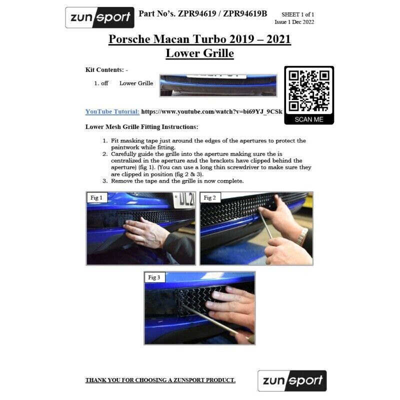 ZUNSPORT LOWER GRILLE ZPR94619B to fit PORSCHE MACAN TURBO 19-21