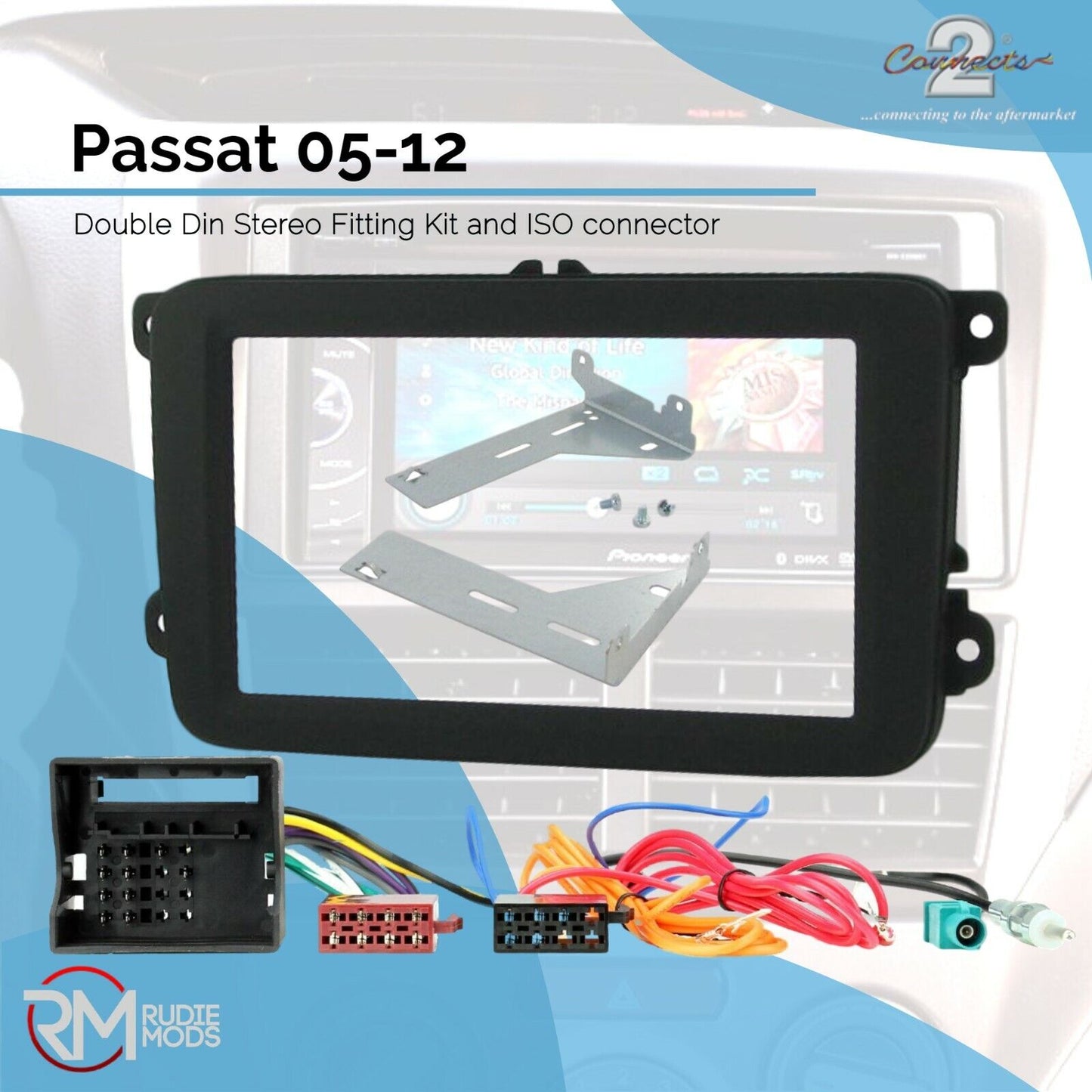 VW Passat 05-12 Double Din Stereo Facia Fitting Kit Panel ISO wiring Aerial
