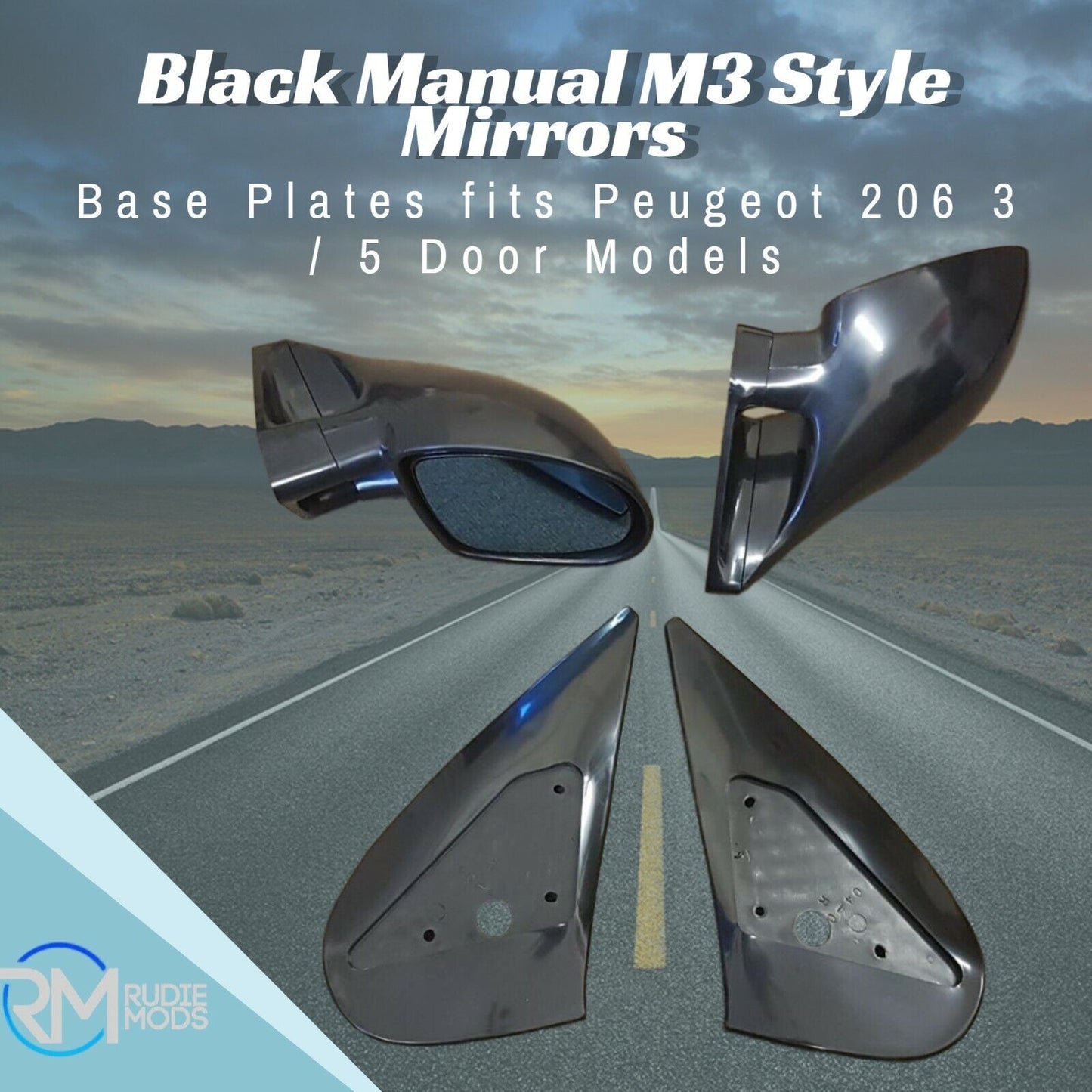 Black Manual M3 Style Mirrors & Base Plates fits Peugeot 206 3 / 5 Door Models