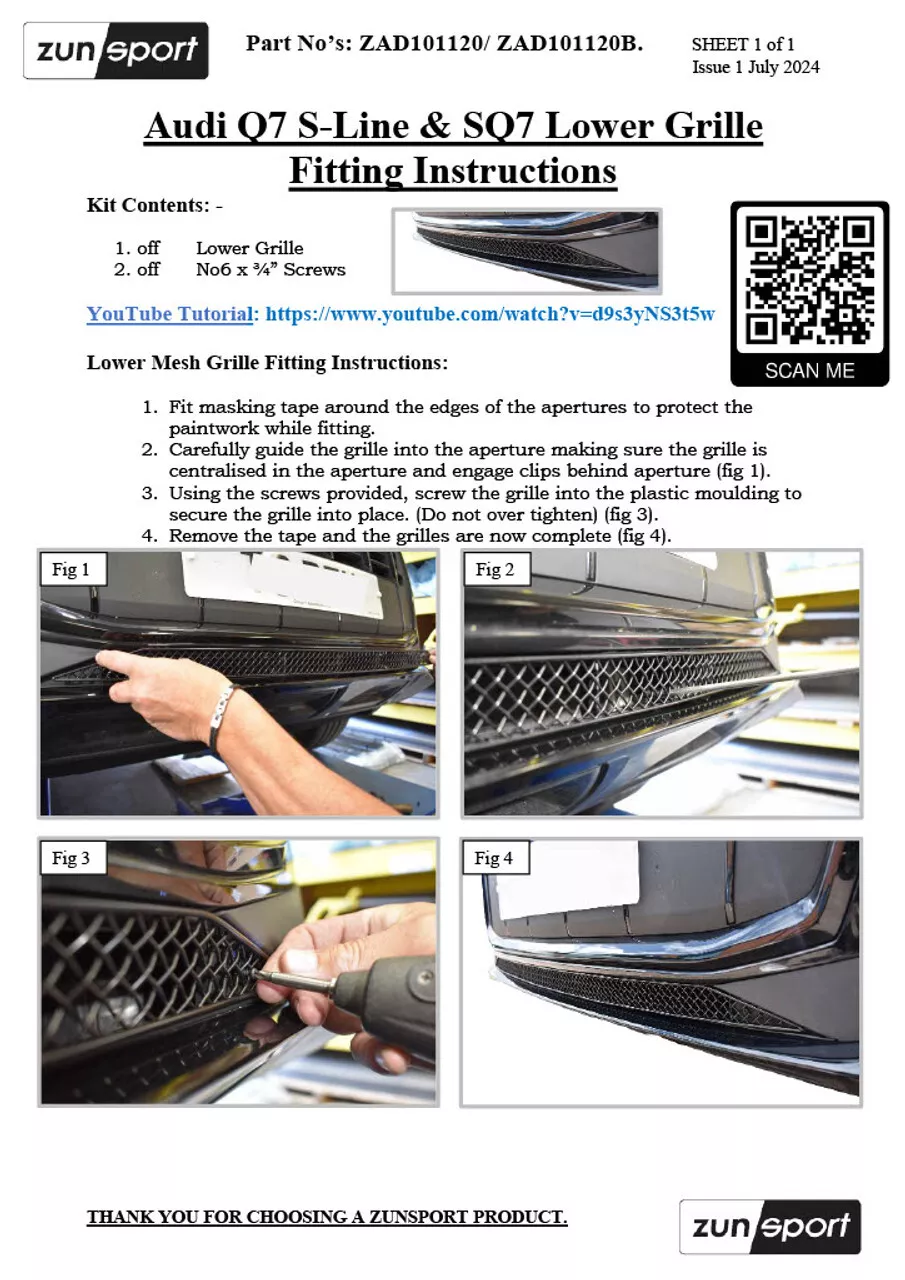 ZUNSPORT Black Front Grille Set for Audi Q7 S-Line SQ7 MK2 Facelift ZAD101720B