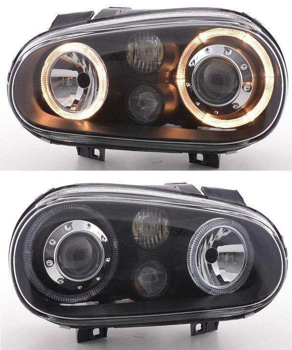 VW Golf Mk4 98-04 Black Twin Angel Eye Projector Headlights with FOG by Depo