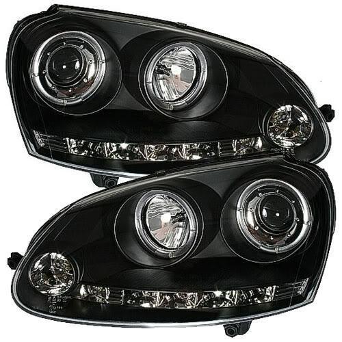 Black Twin Angel Eye Projector Headlights for VW Golf Mk5 with LED DRL R8 strip