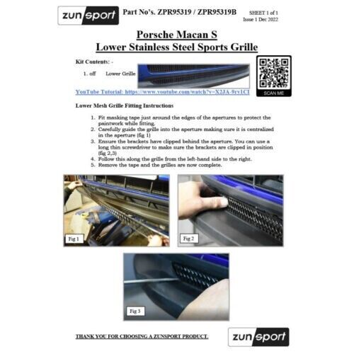 ZUNSPORT LOWER GRILLE ZPR95319B to fit PORSCHE MACAN S & BASE 19-21