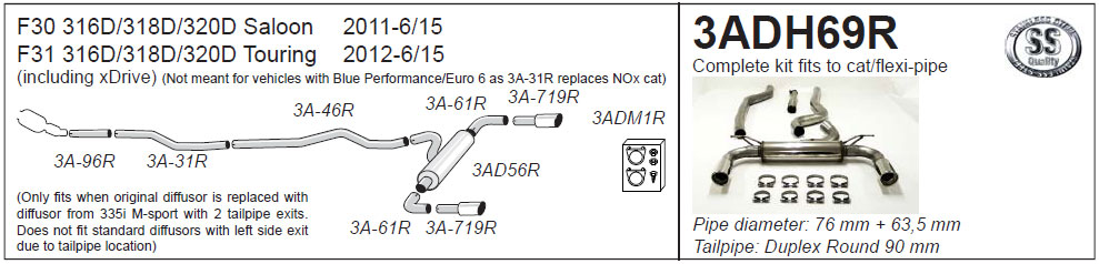 Jetex Exhaust BMW 316D/318D/320D F30/F31 up to 6/2015 Half System
