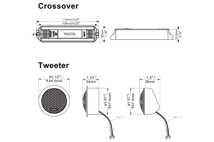 tweeter and triple-level tweeter crossover set Recoil Echo-Series RET1 1 inch silk dome (PAIR)