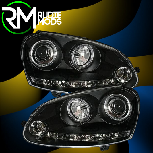 Black Angel Eye Headlights for VW Golf Mk5 with LED DRL R8 strip + H1 bulbs x2