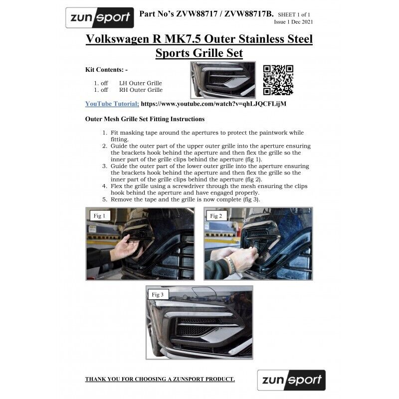 VW GOLF R MK7.5 2017-2020 OUTER GRILLE SET FROM ZUNSPORT ZVW88717B