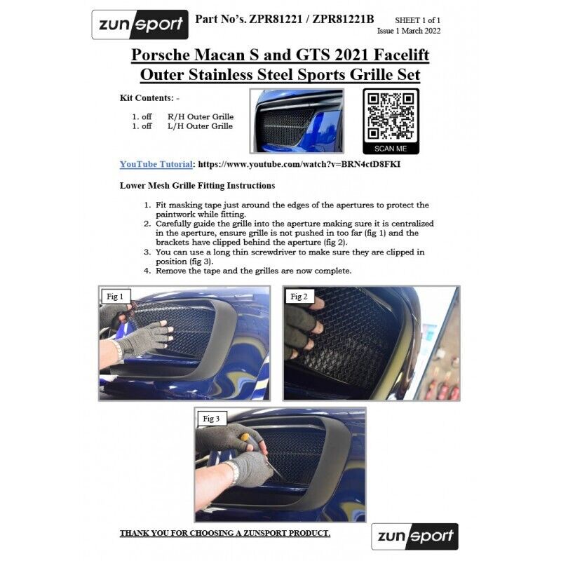 ZUNSPORT FRONT GRILLE SET FOR PORSCHE MACAN S AND GTS 2021/22 WITH DRIVING CAM