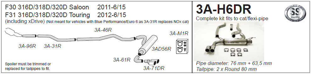 Jetex Exhaust BMW 316D/318D/320D F30/F31 up to 6/2015 Half System