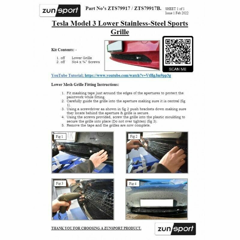 Zunsport Black Front Lower Grille compatible with Tesla Model 3 (2019 - )