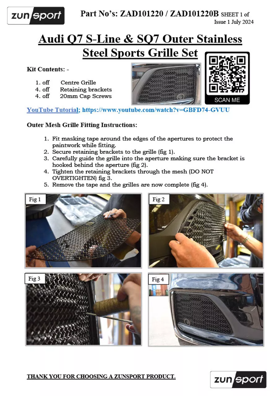 ZUNSPORT Black Front Grille Set for Audi Q7 S-Line SQ7 MK2 Facelift ZAD101720B