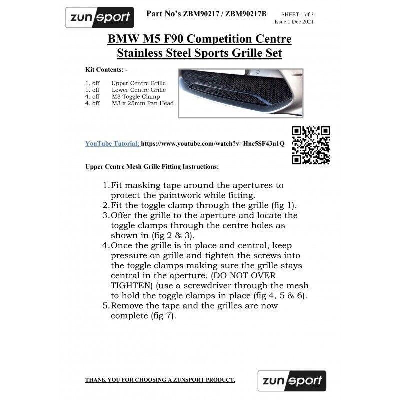 BLACK ZUNSPORT CENTRE GRILLE SET FOR BMW M5 COMPETITION F90 ZBM90217B