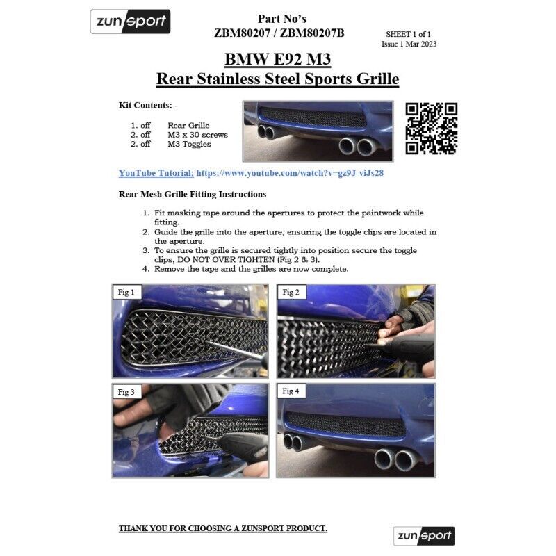 ZUNSPORT BMW E92 M3 - REAR GRILLE - BLACK