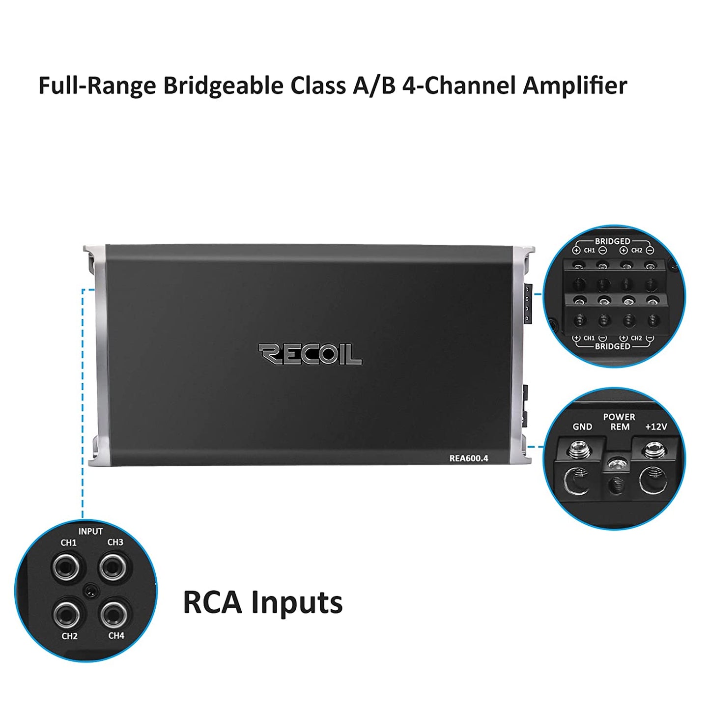 Full Range Amplifier REA600.4 4x130W Class AB, 4 Channel, RECOIL