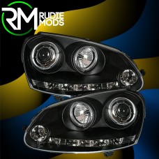 VW Golf Mk5 Black Angel Eye Projector Headlights with LED DRL R8 strip